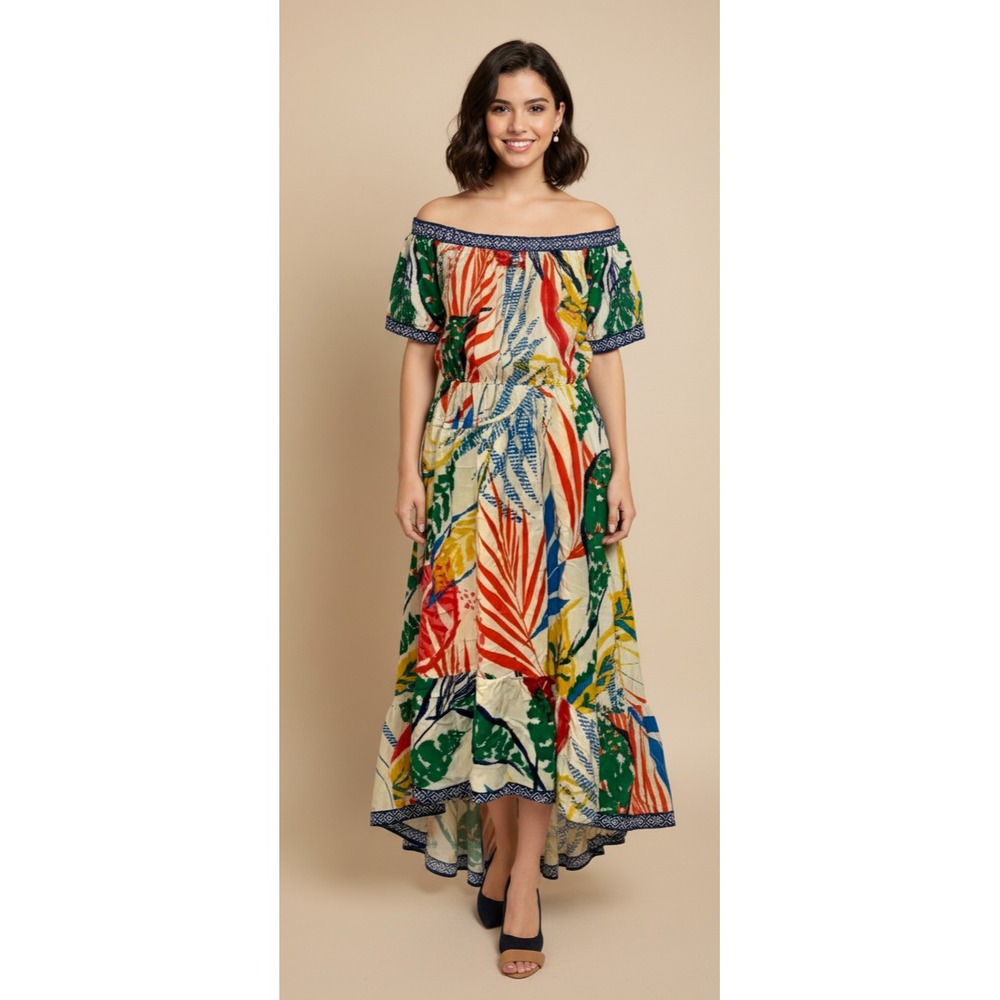 Flying Tomato Maxi Dress Womens L Multi Tropical Leaf High Low Off the Shoulder - Picture 1 of 6